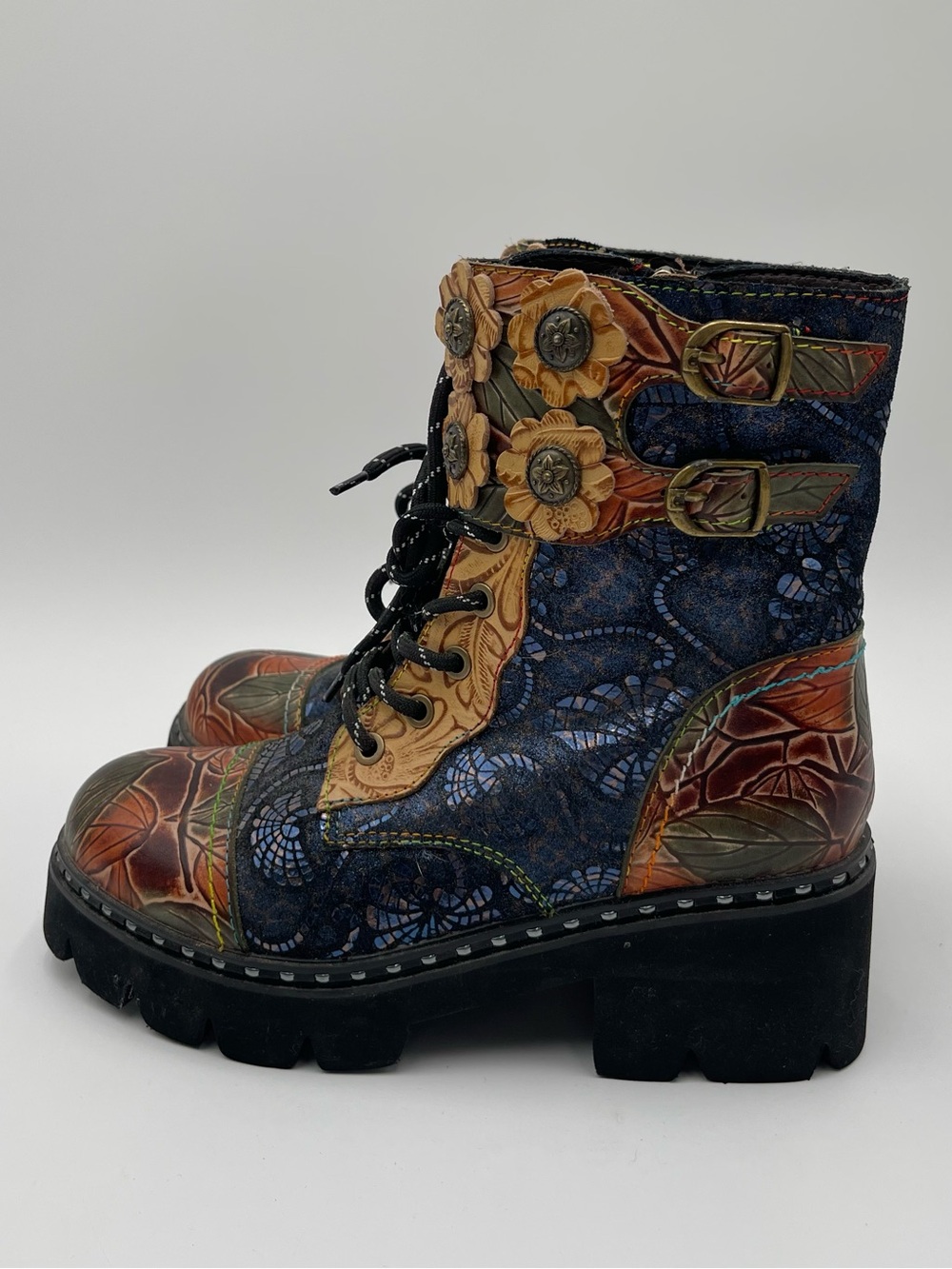 L'Artiste Limitless Booties Heeled Leather Floral Artsy Hippie Sz 37 US 6.5-7 - Picture 2 of 16